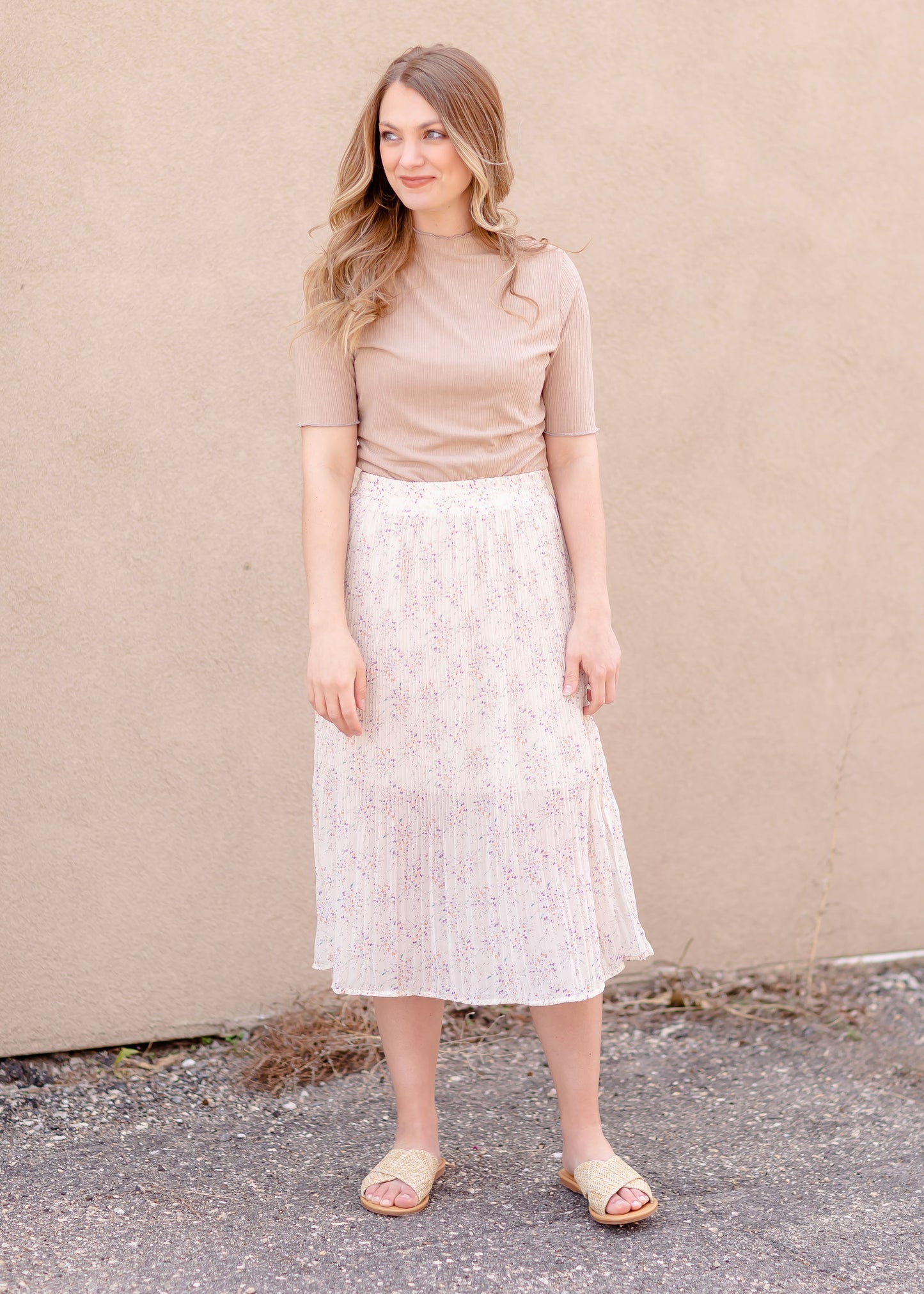 Cream Pleated Midi Skirt Skirts