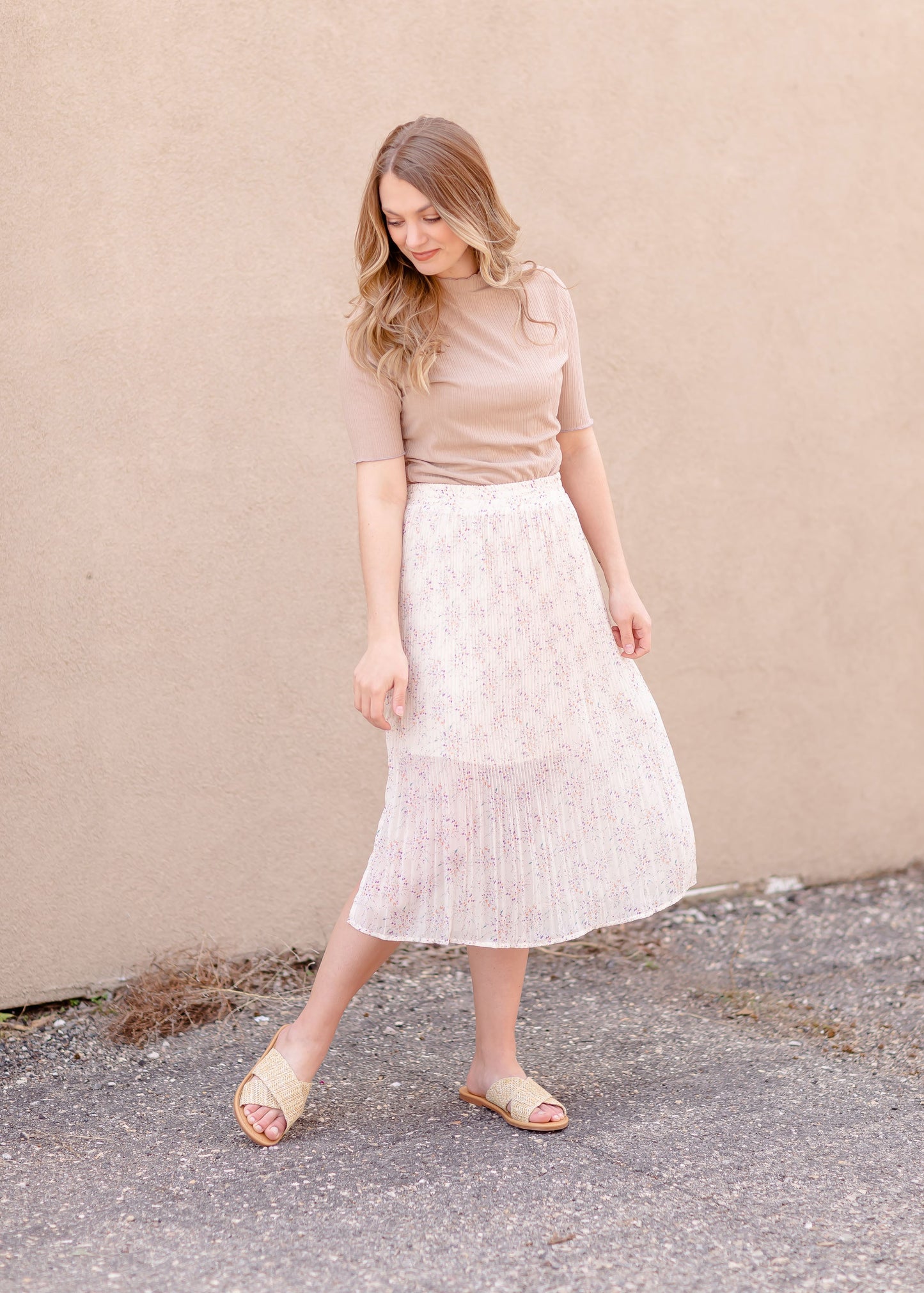 Cream Pleated Midi Skirt Skirts