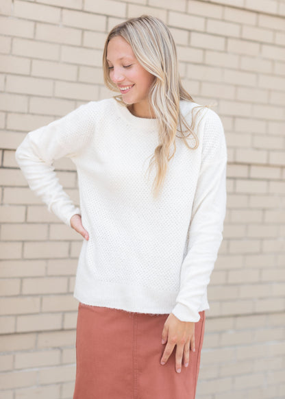 Crew Neck Long Sleeve Textured Pullover Sweater Tops