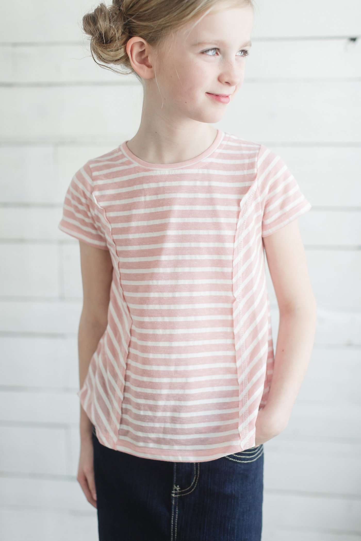 navy and white or pink and white striped girls short sleeve tee with raw edge front.