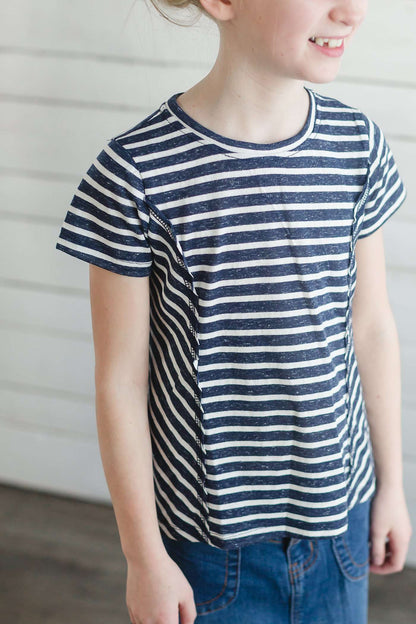 navy and white or pink and white striped girls short sleeve tee with raw edge front.