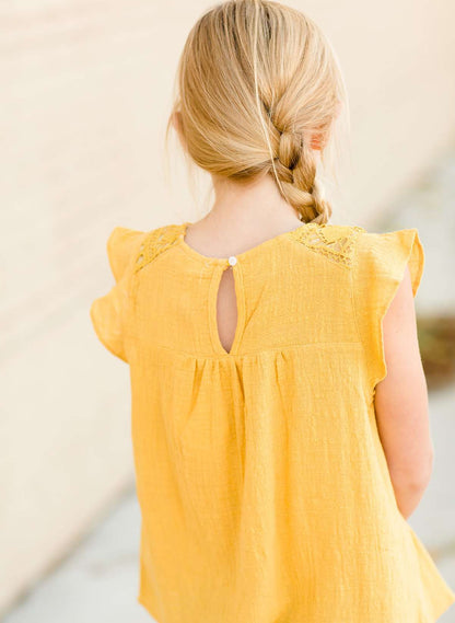 Modest Girls Mustard Crochet Knit Flutter Sleeve Shirt