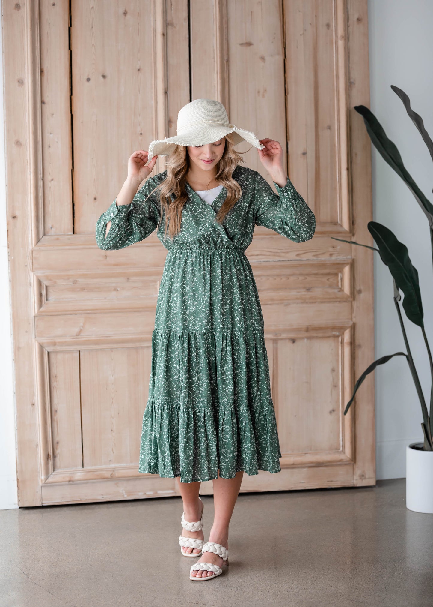 Cross Over Longsleeve Green Ditsy Print Dress Dresses Hayden