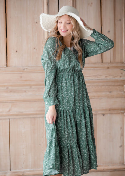 Cross Over Longsleeve Green Ditsy Print Dress Dresses Hayden