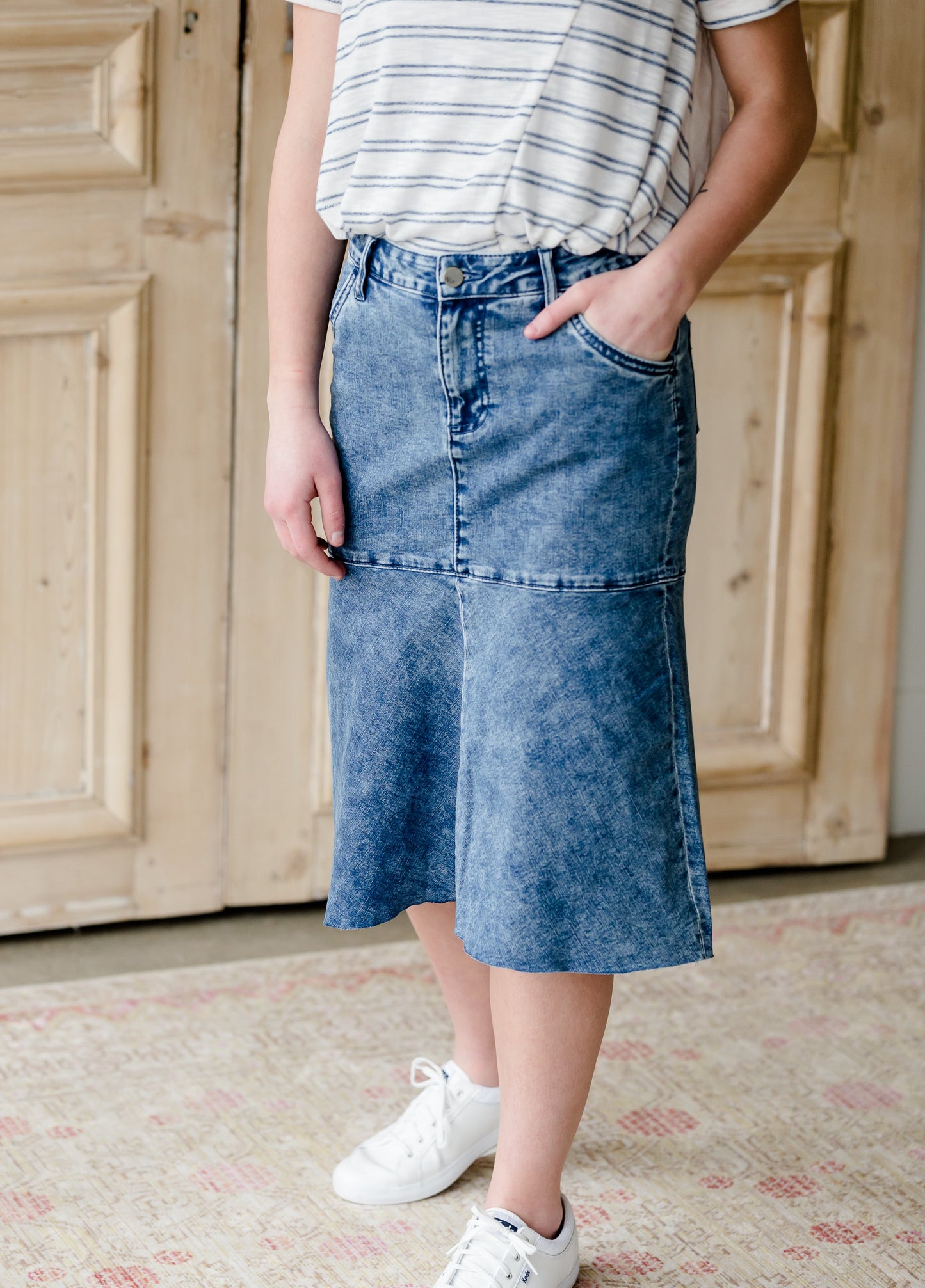 Crushed Denim Fringe Hem Midi Skirt - FINAL SALE Skirts