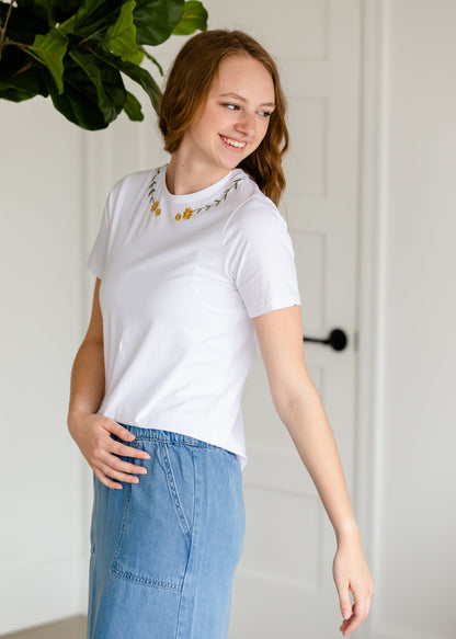 Dainty Floral Embroidered Tee Shirt - FINAL SALE Tops