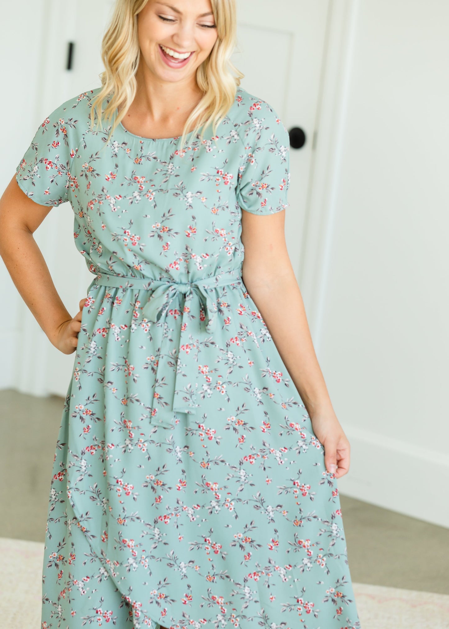 Dainty Floral Sage Waist Tie Midi Dress - FINAL SALE Dresses