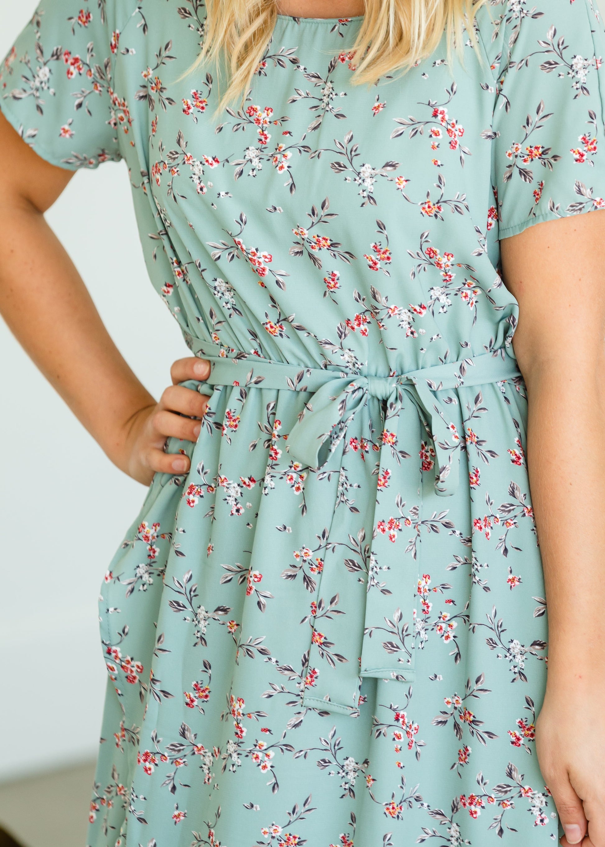 Dainty Floral Sage Waist Tie Midi Dress - FINAL SALE Dresses