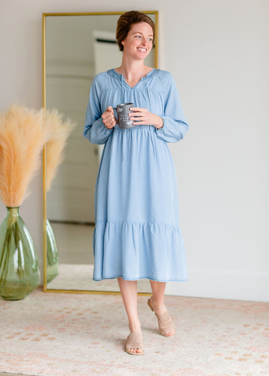 Denim Balloon Sleeve Midi Dress Dresses