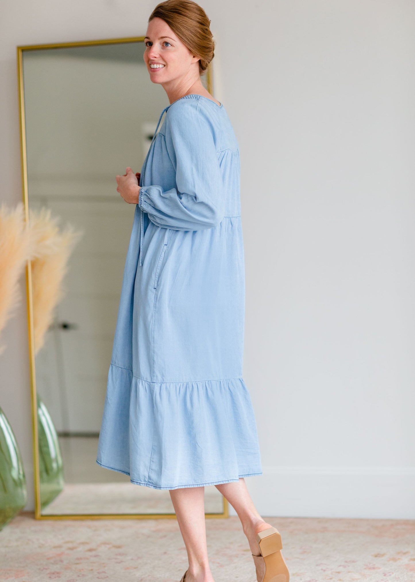 Denim Balloon Sleeve Midi Dress Dresses