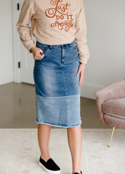 Denim Blocked Midi Jean Skirt - FINAL SALE Skirts