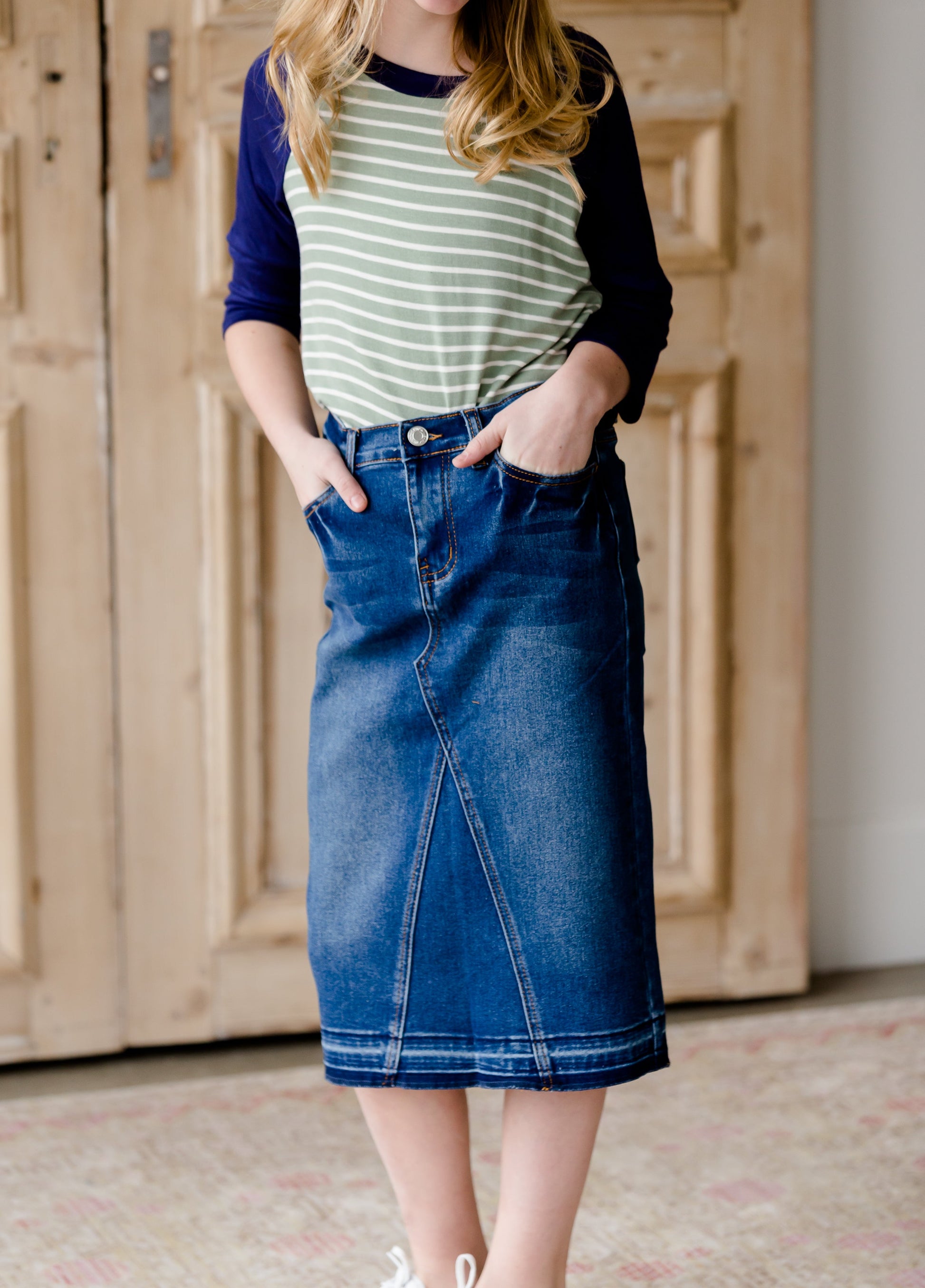 Denim Pencil Panel Jean Midi Skirt - FINAL SALE Skirts