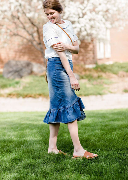 denim ruffle midi jean skirt