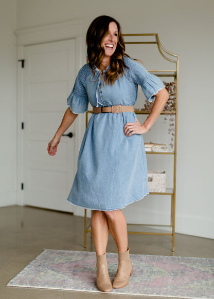 Denim Self Tie V-neck Midi Dress Dresses Polagram