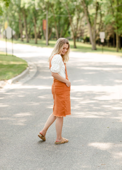 Distressed Orange Overall Midi Dress Dresses