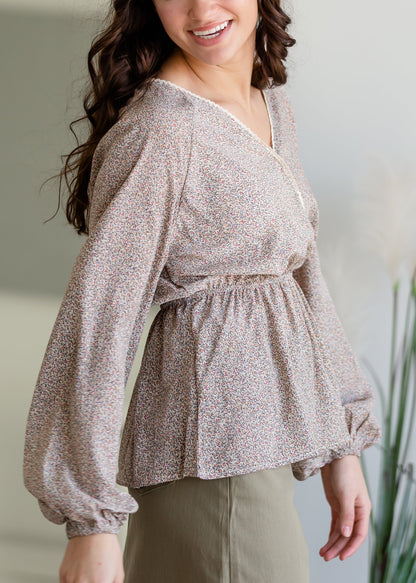 Ditsy Floral Snap Front Peplum Top Shirt Tea N Rose