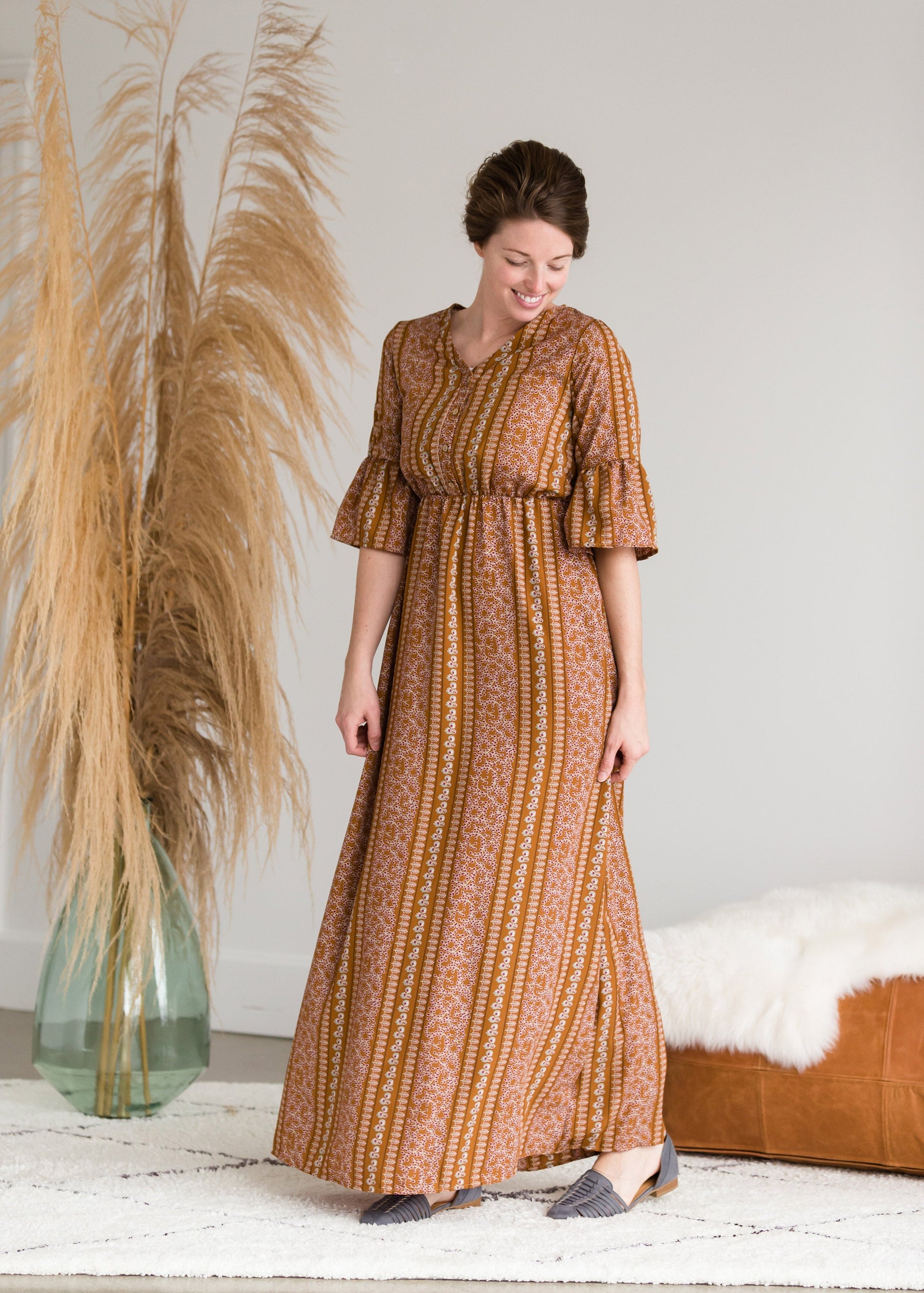 Ditsy Print Trumpet Sleeve Maxi Dress - FINAL SALE Dresses