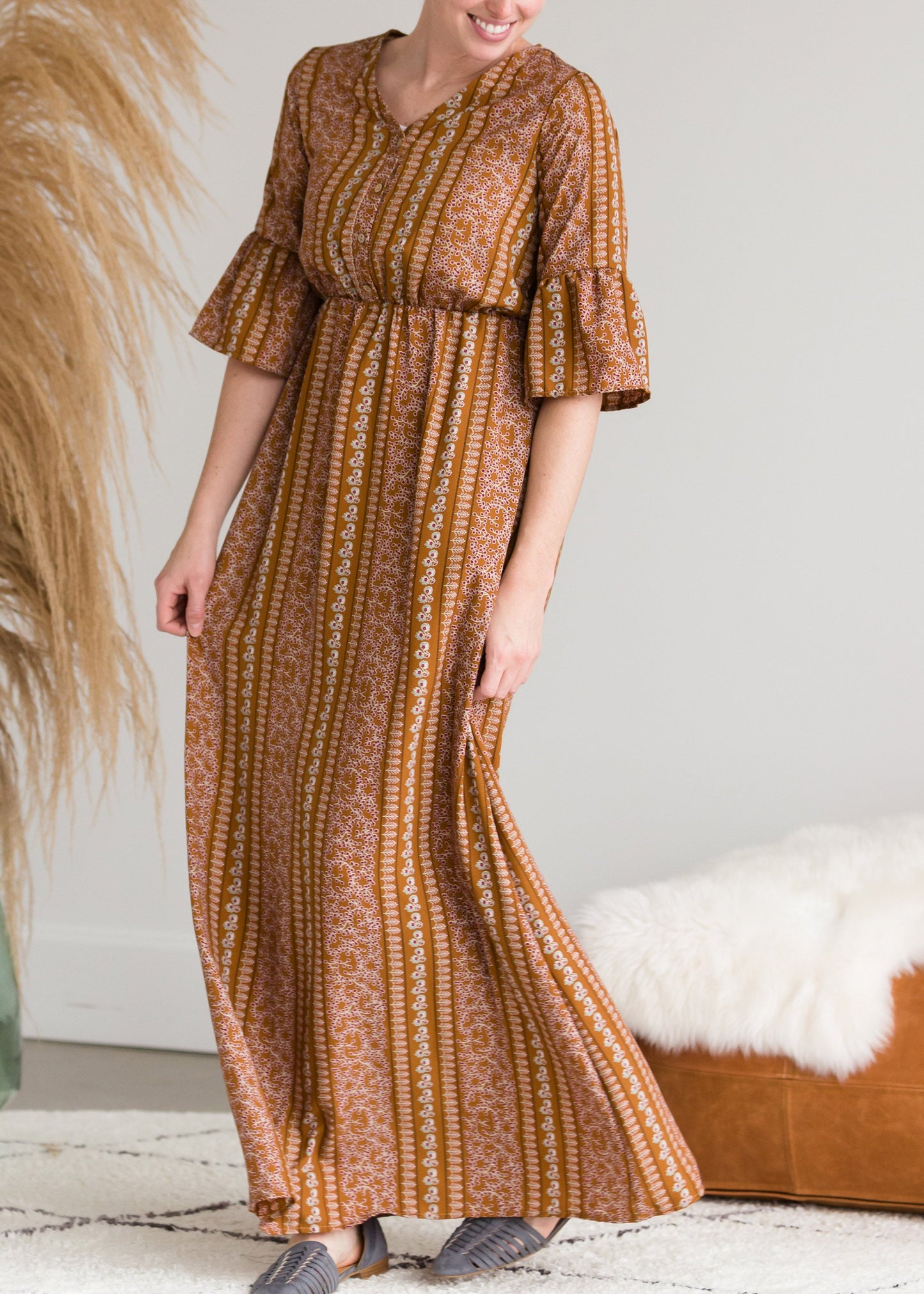 Ditsy Print Trumpet Sleeve Maxi Dress - FINAL SALE Dresses