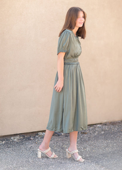 Dull Satin Ruffled Midi Dress Dresses