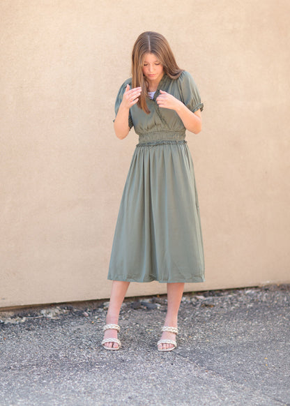 Dull Satin Ruffled Midi Dress Dresses