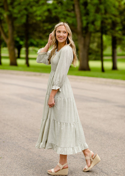 Dusty Olive Smocked Bodice Midi Dress Dresses