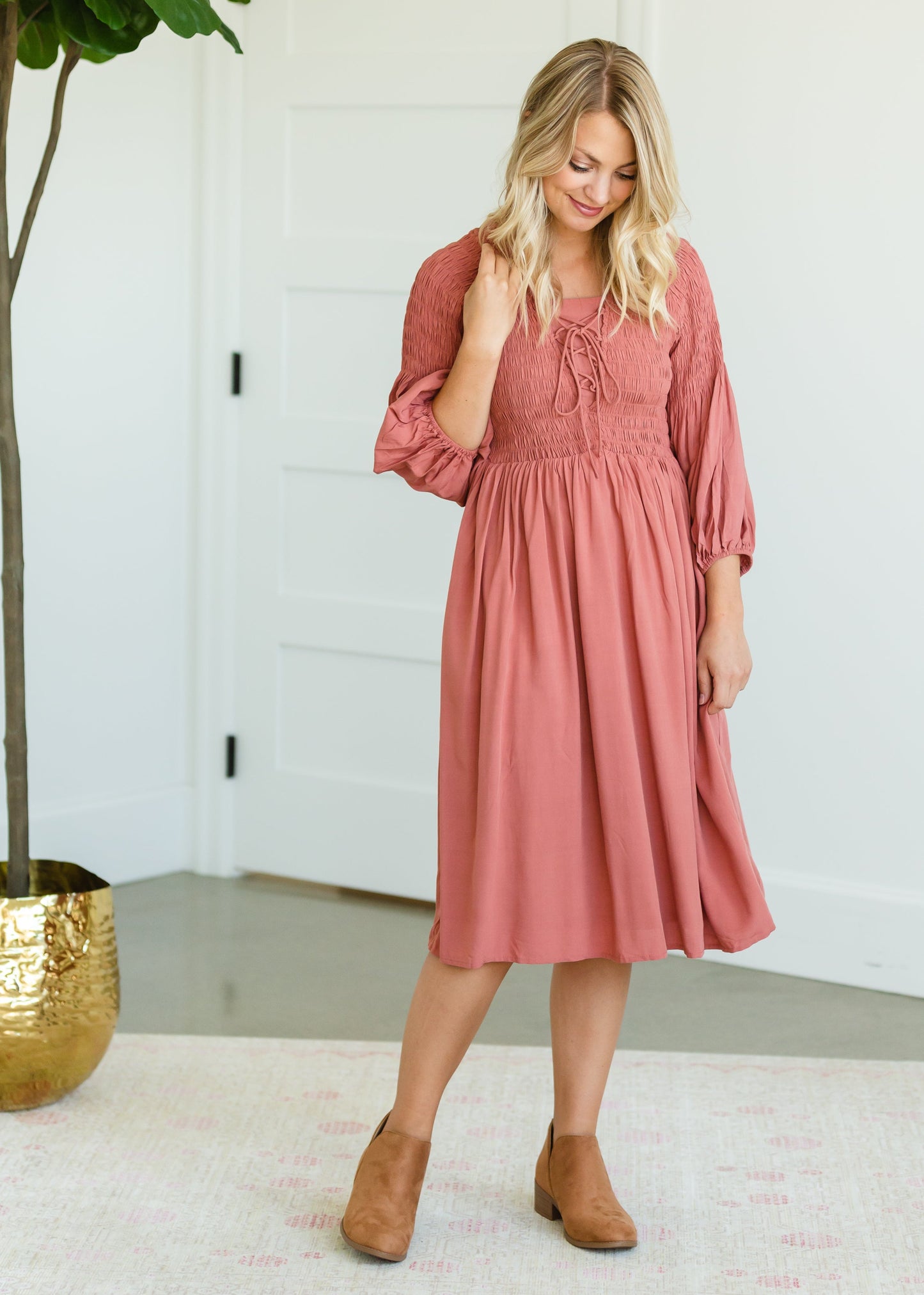 Dusty Rust Smocked Top Midi Dress - FINAL SALE Dresses