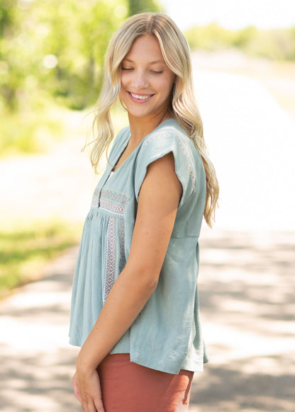 Embroidered Cap Sleeve Top Tops