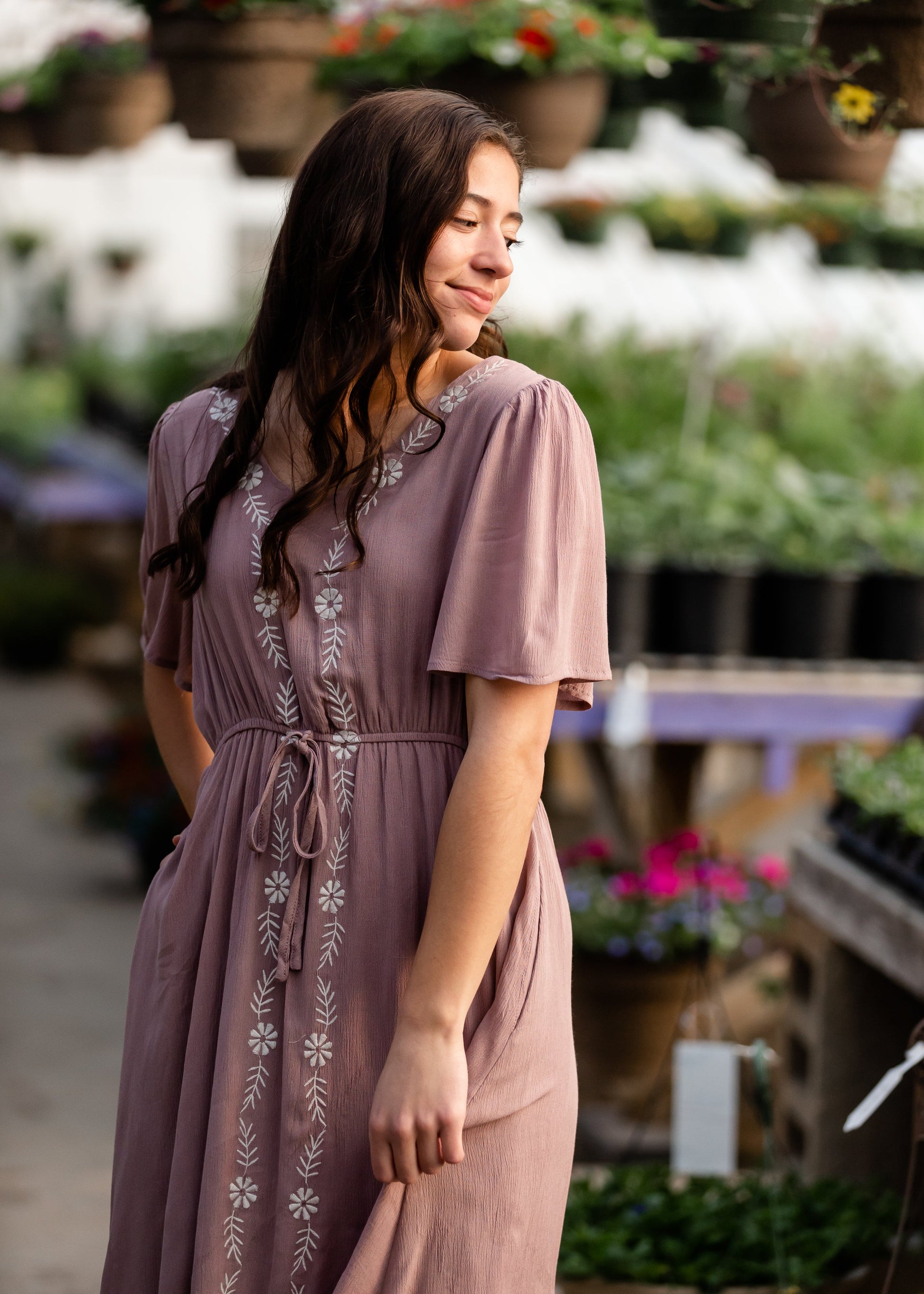 Embroidered Cinched Waist Mauve Midi Dress Dresses Hayden