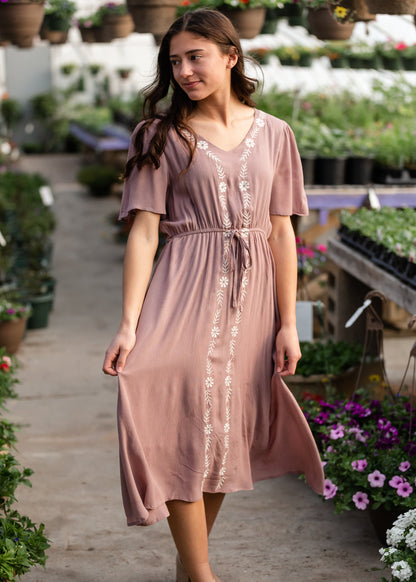 Embroidered Cinched Waist Mauve Midi Dress Dresses Hayden