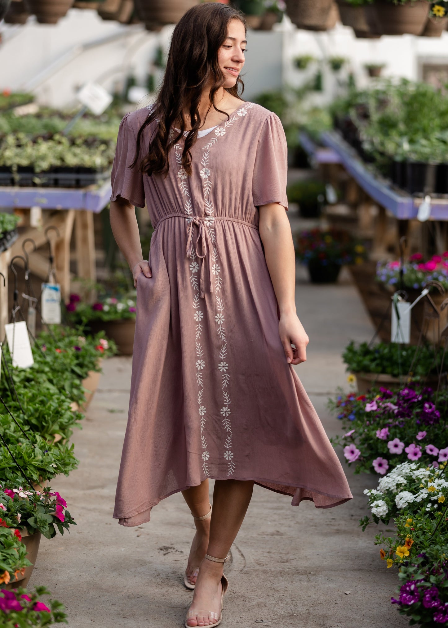 Embroidered Cinched Waist Mauve Midi Dress Dresses Hayden