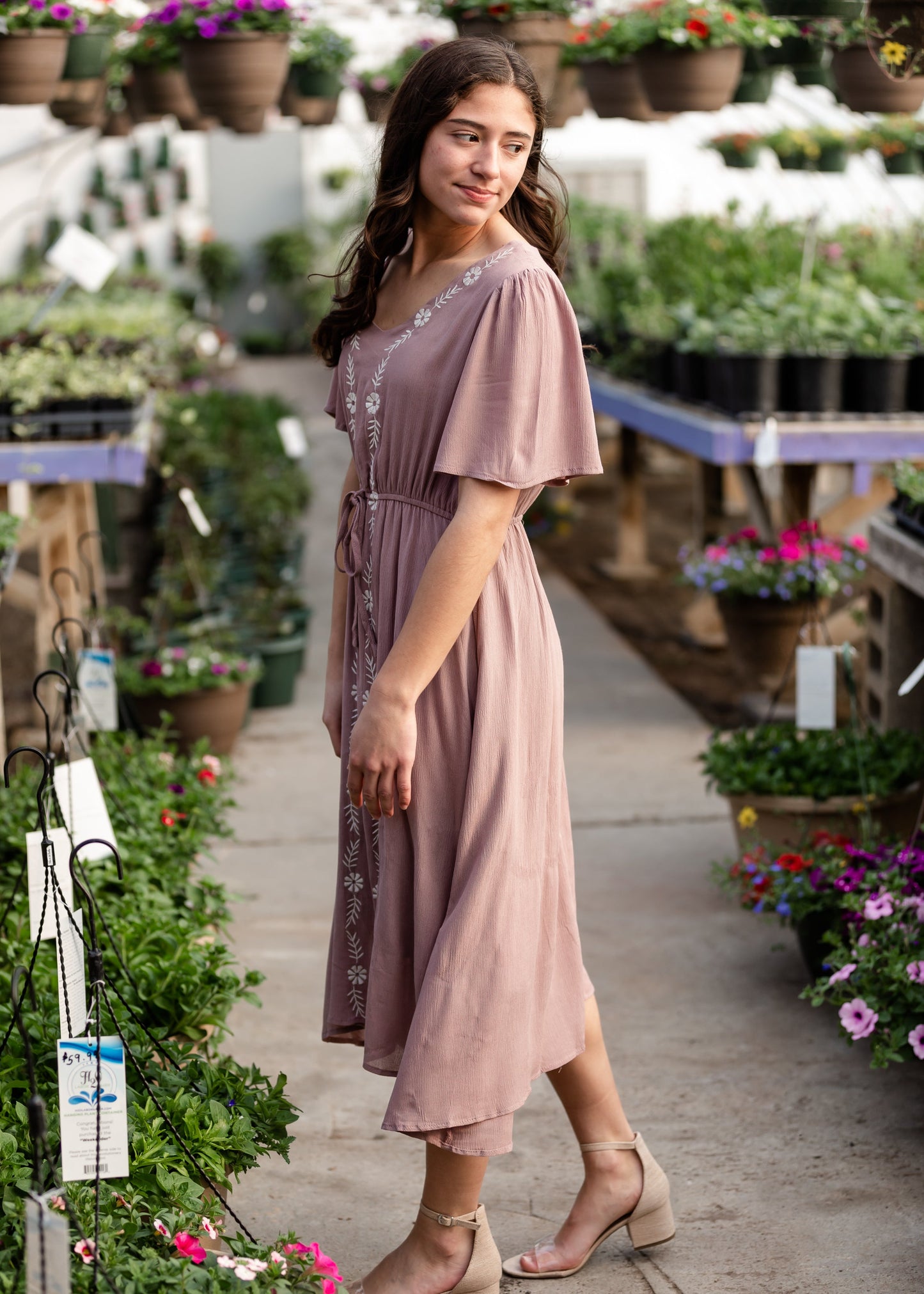 Embroidered Cinched Waist Mauve Midi Dress Dresses Hayden