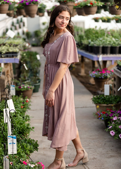 Embroidered Cinched Waist Mauve Midi Dress Dresses Hayden