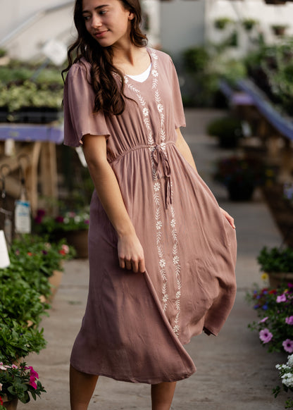 Embroidered Cinched Waist Mauve Midi Dress Dresses Hayden