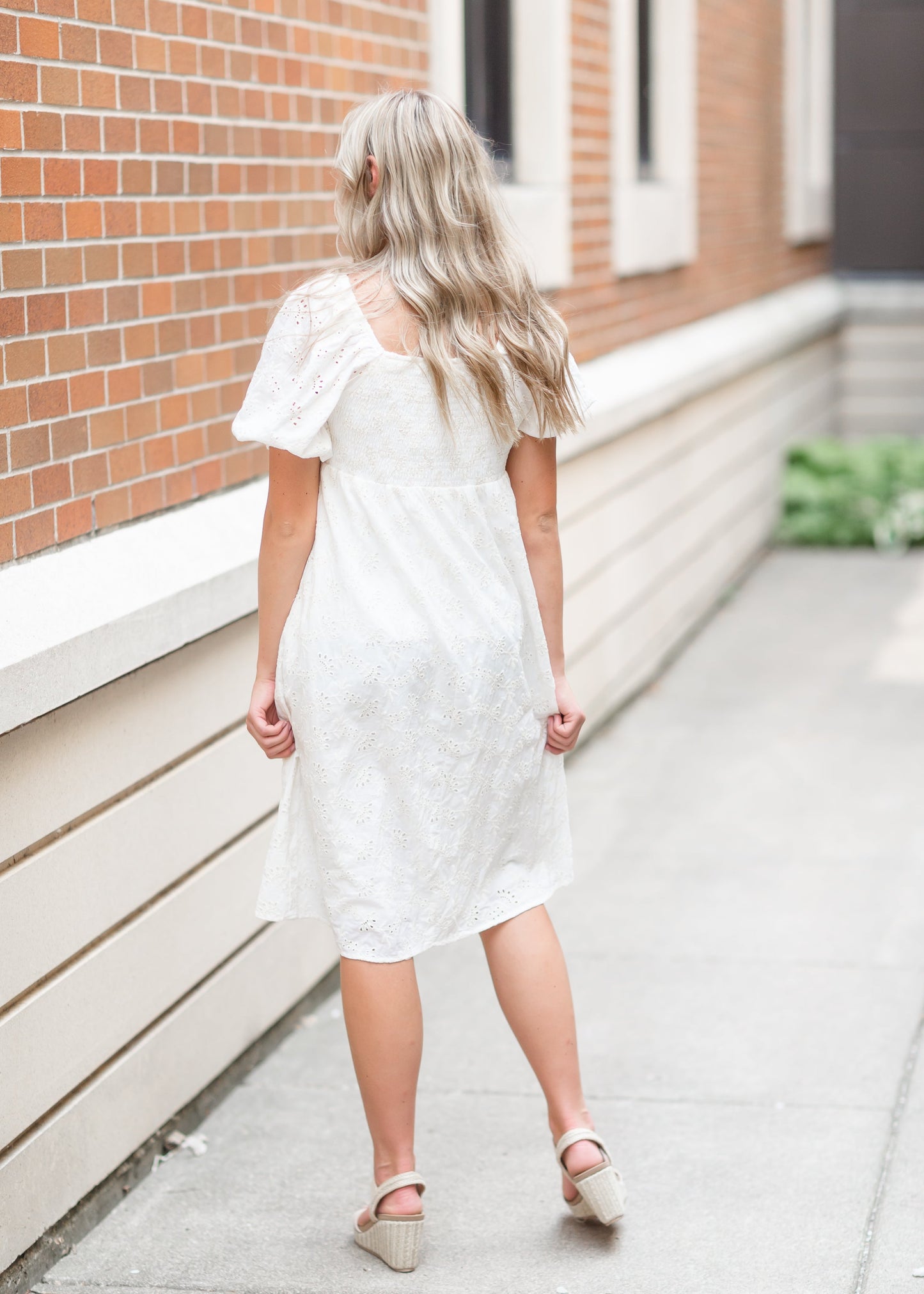 Embroidered Eyelet Midi Dress with Bubble Sleeves Dresses