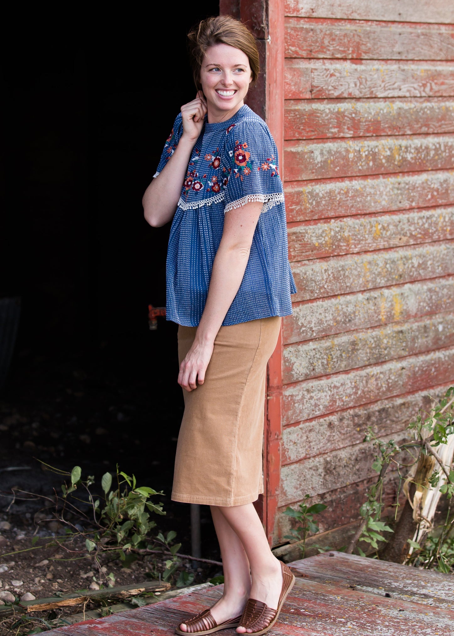 Blue Embroidered Floral Striped Top