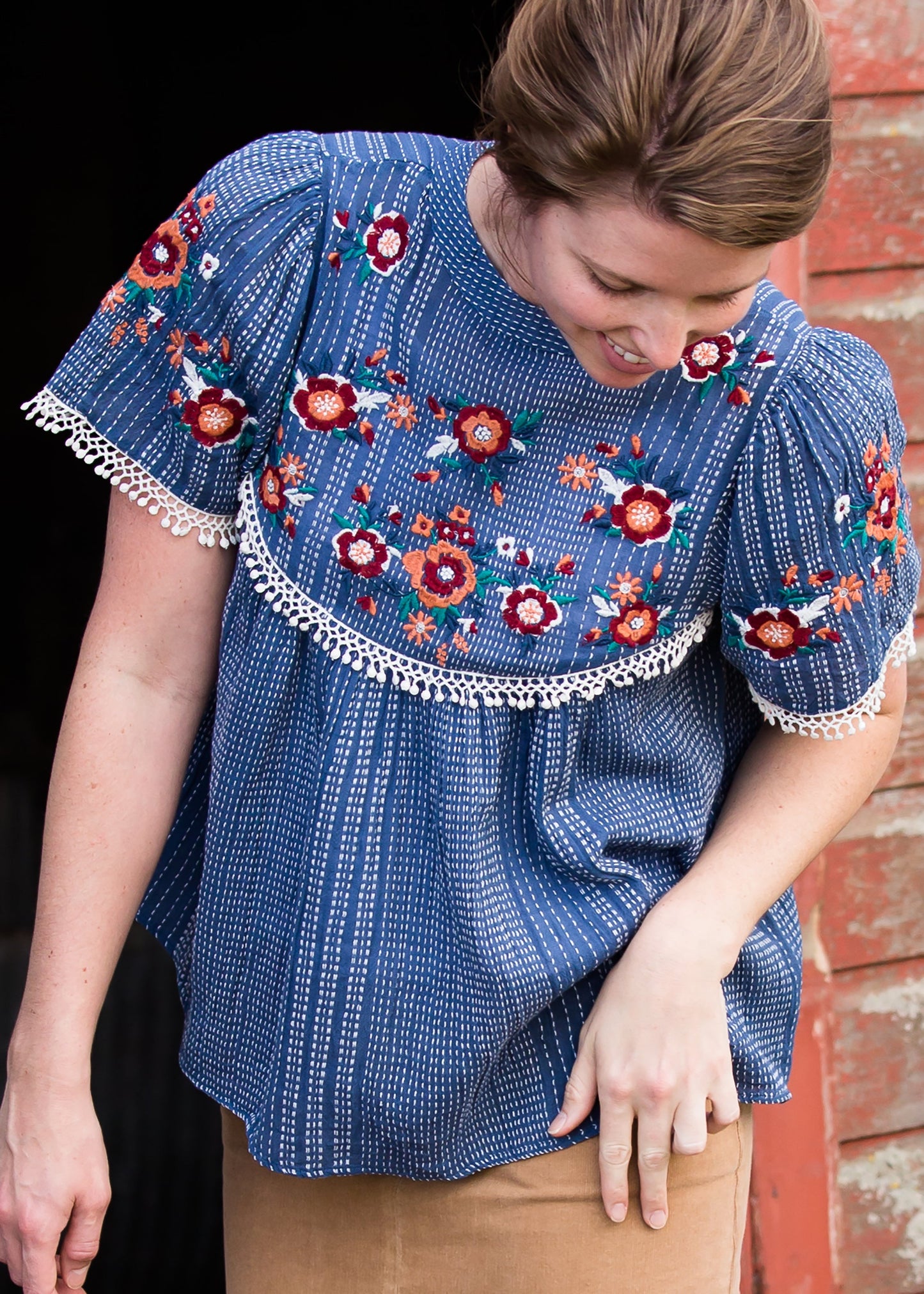 Blue Embroidered Floral Striped Top