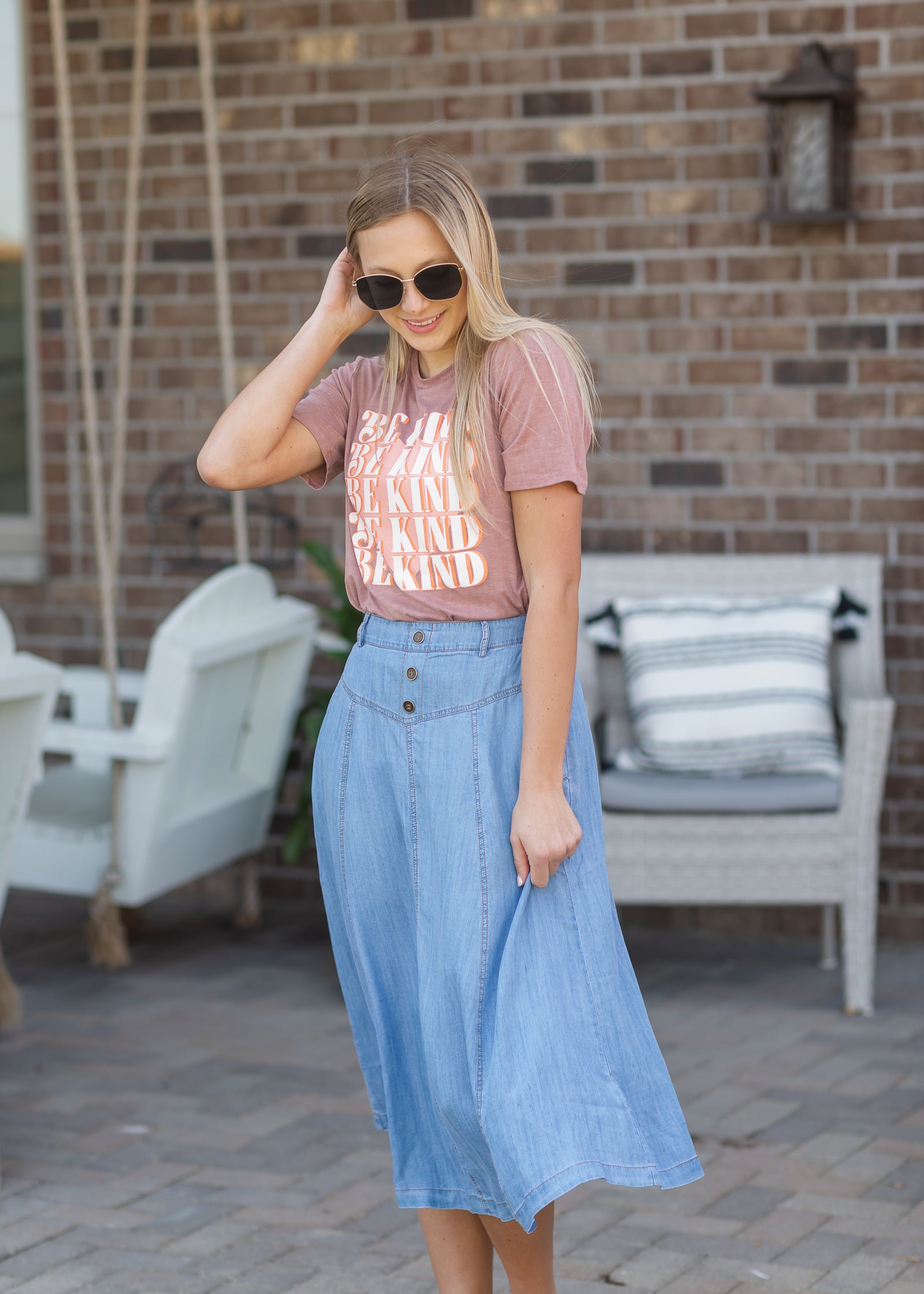 Faux Button Flowy Chambray Midi Skirt Skirts