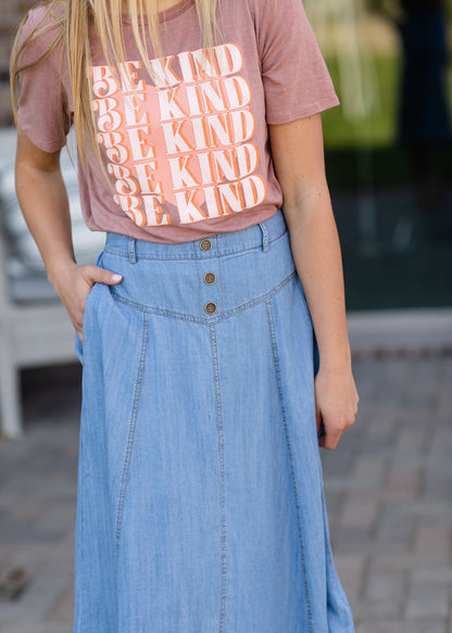 Faux Button Flowy Chambray Midi Skirt Skirts