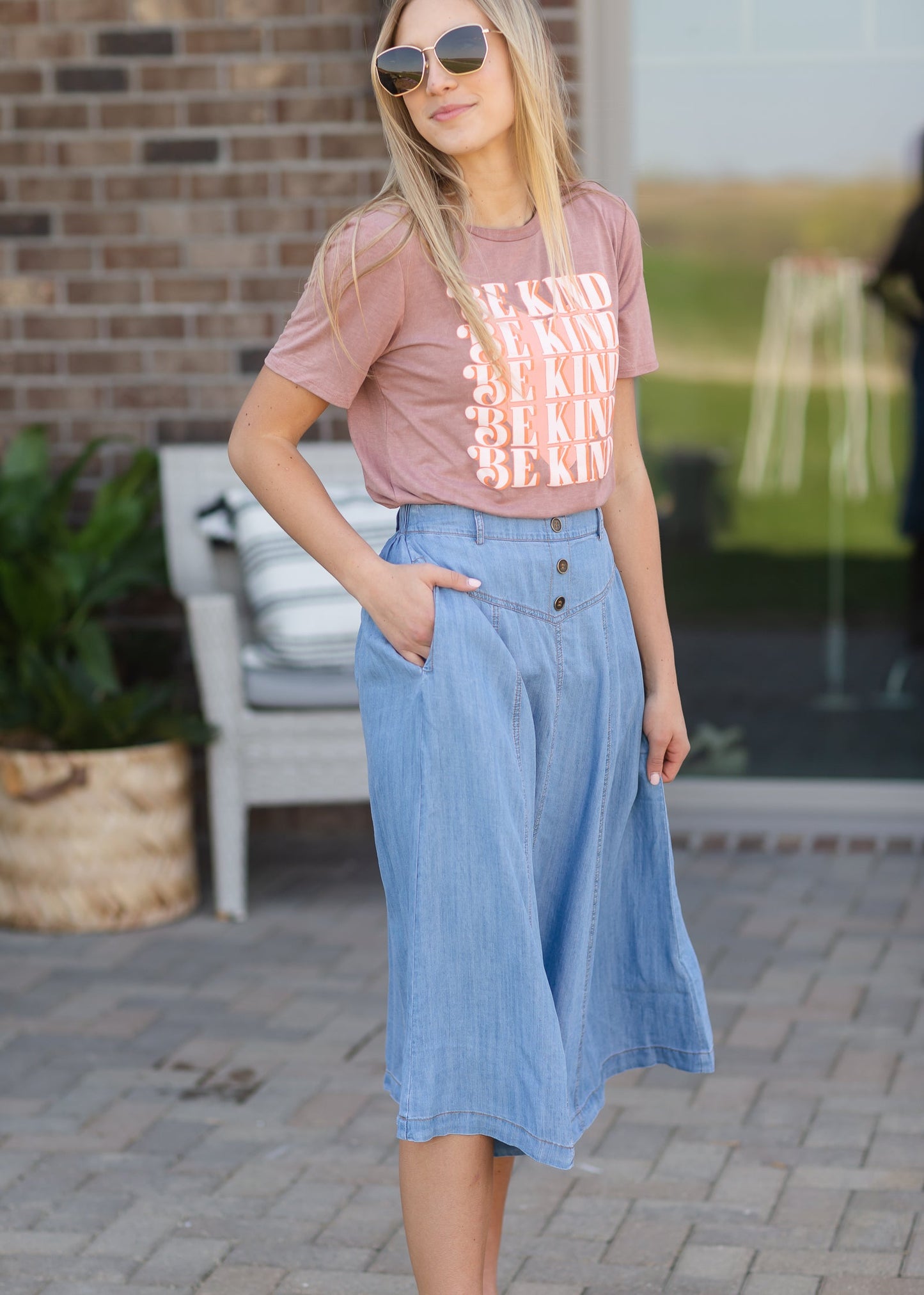 Faux Button Flowy Chambray Midi Skirt Skirts