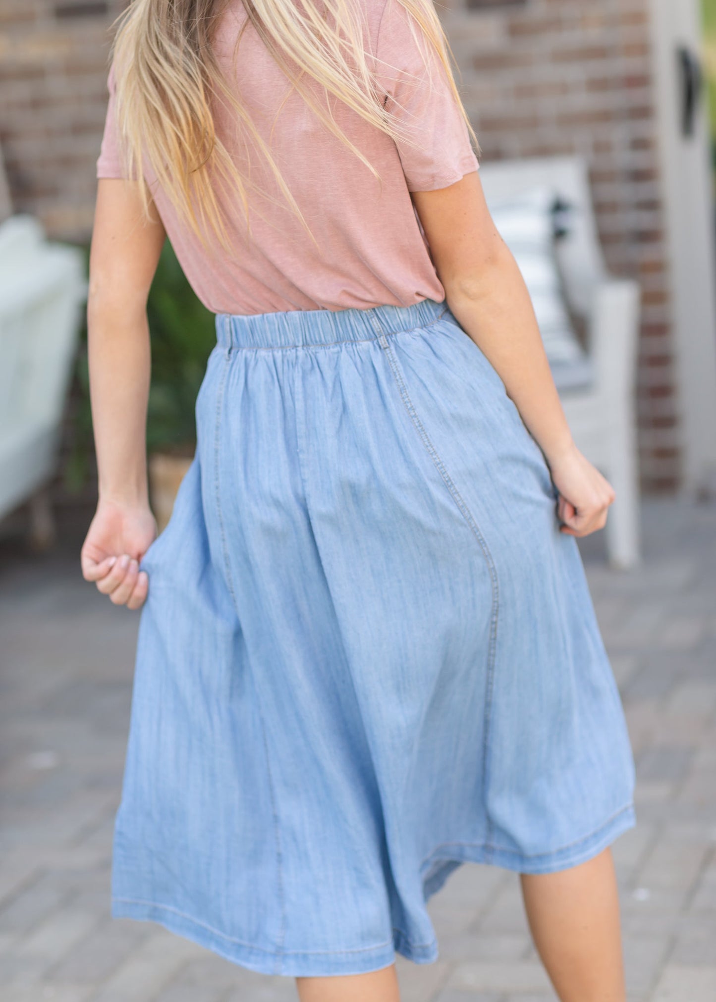 Faux Button Flowy Chambray Midi Skirt Skirts