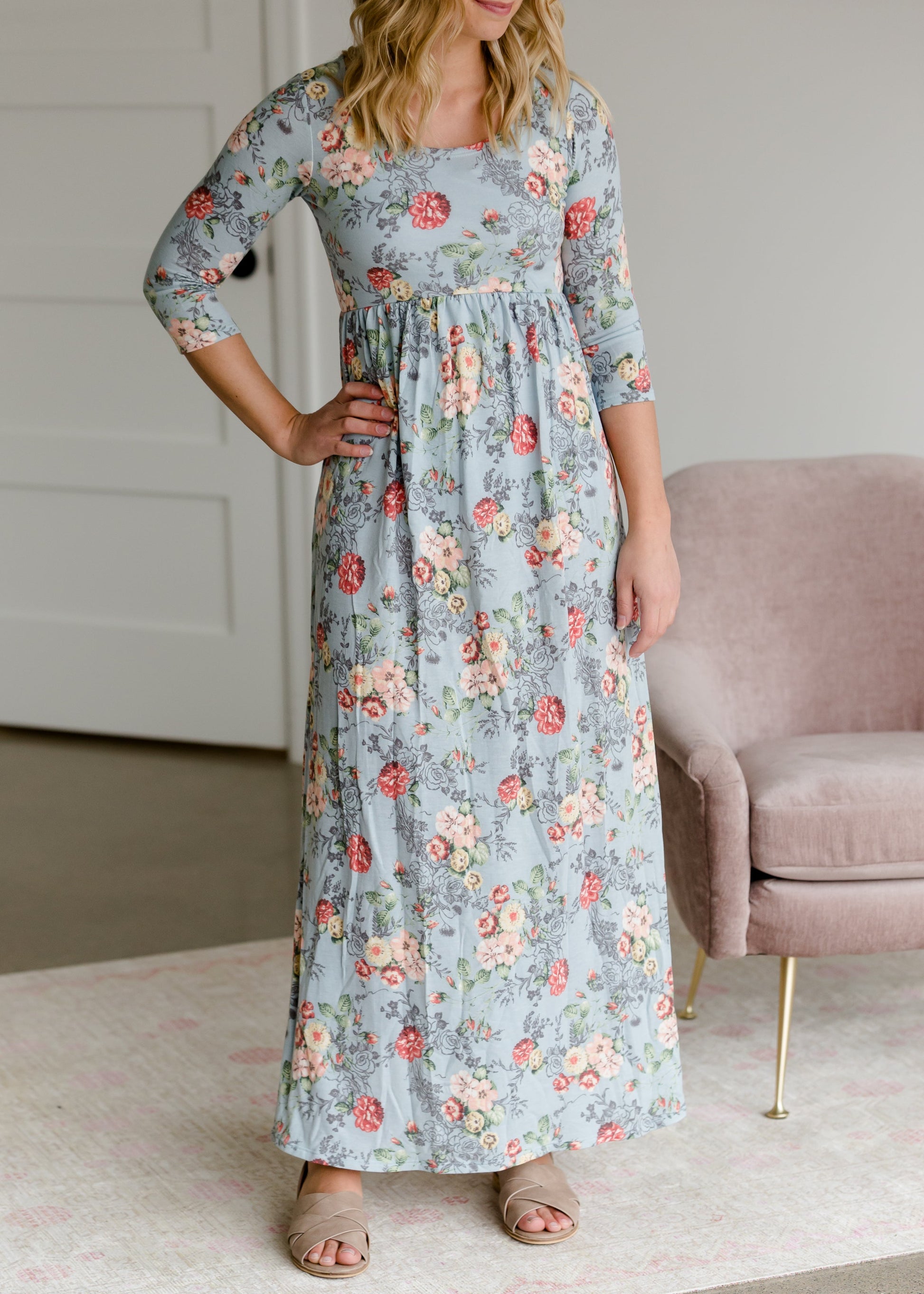 Floral 3/4 Sleeve Empire Waist Maxi Dress Dresses