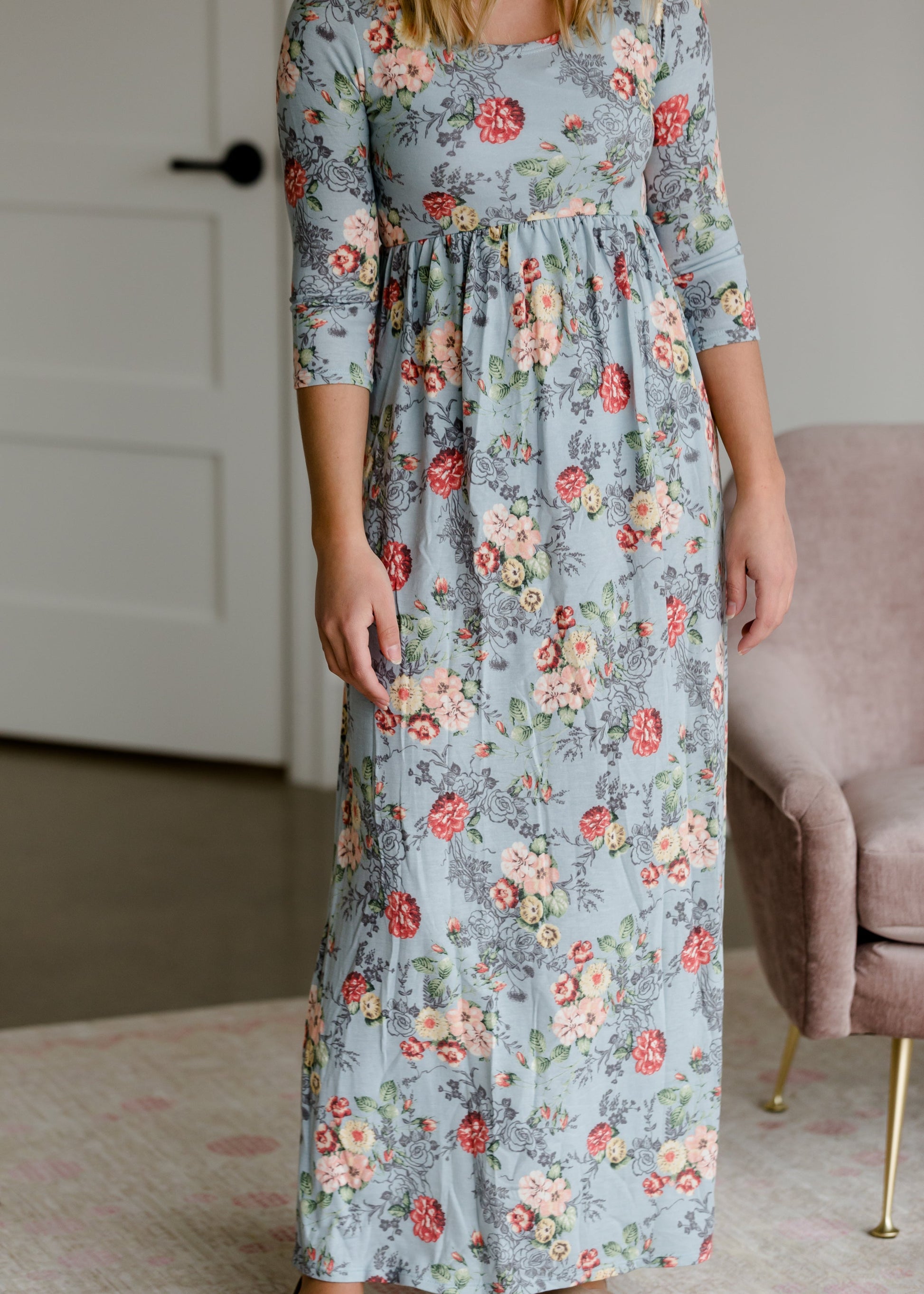 Floral 3/4 Sleeve Empire Waist Maxi Dress Dresses