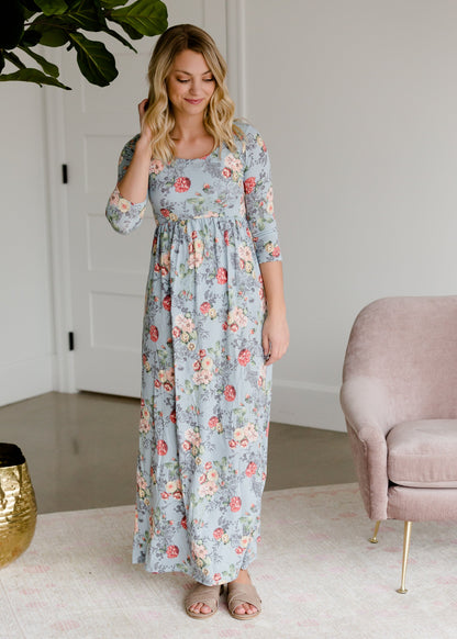 Floral 3/4 Sleeve Empire Waist Maxi Dress Dresses