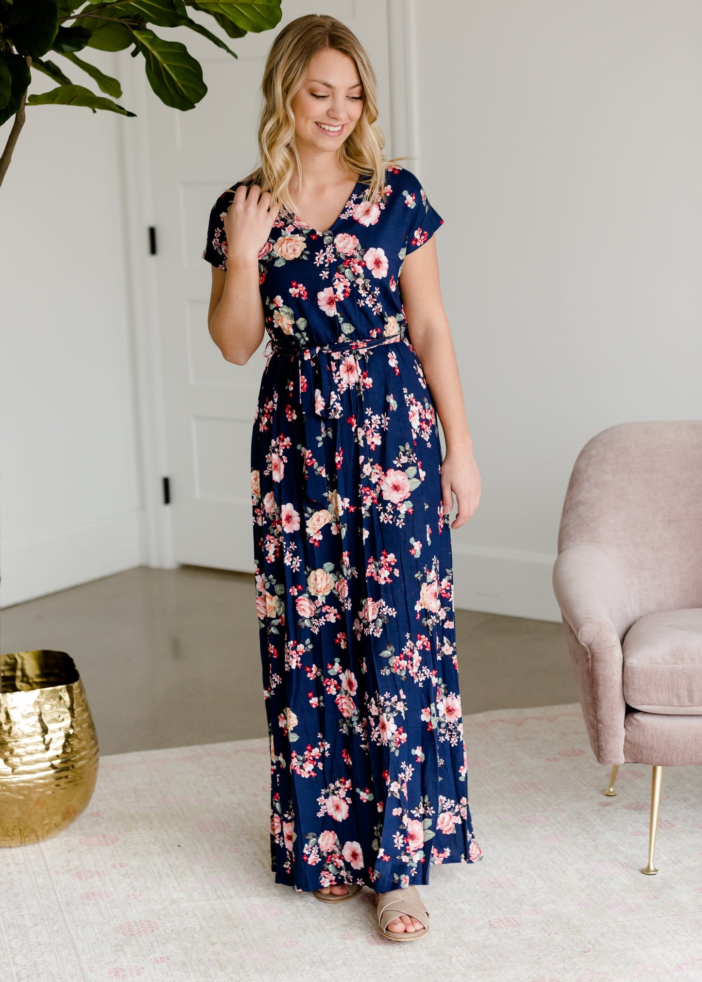 Floral Belted A-Line Maxi Dress Dresses