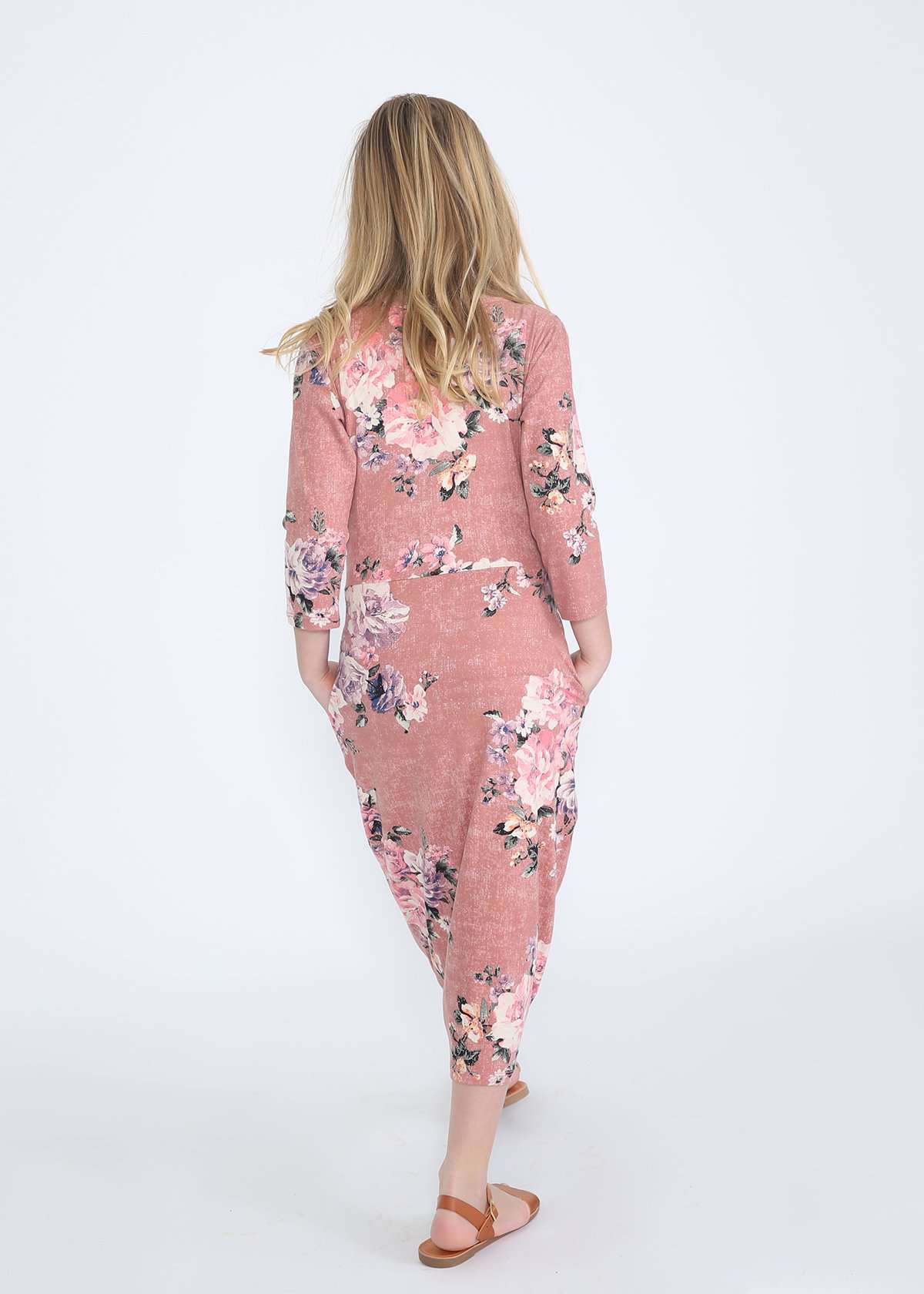 Blush colored modest girls floral midi dress