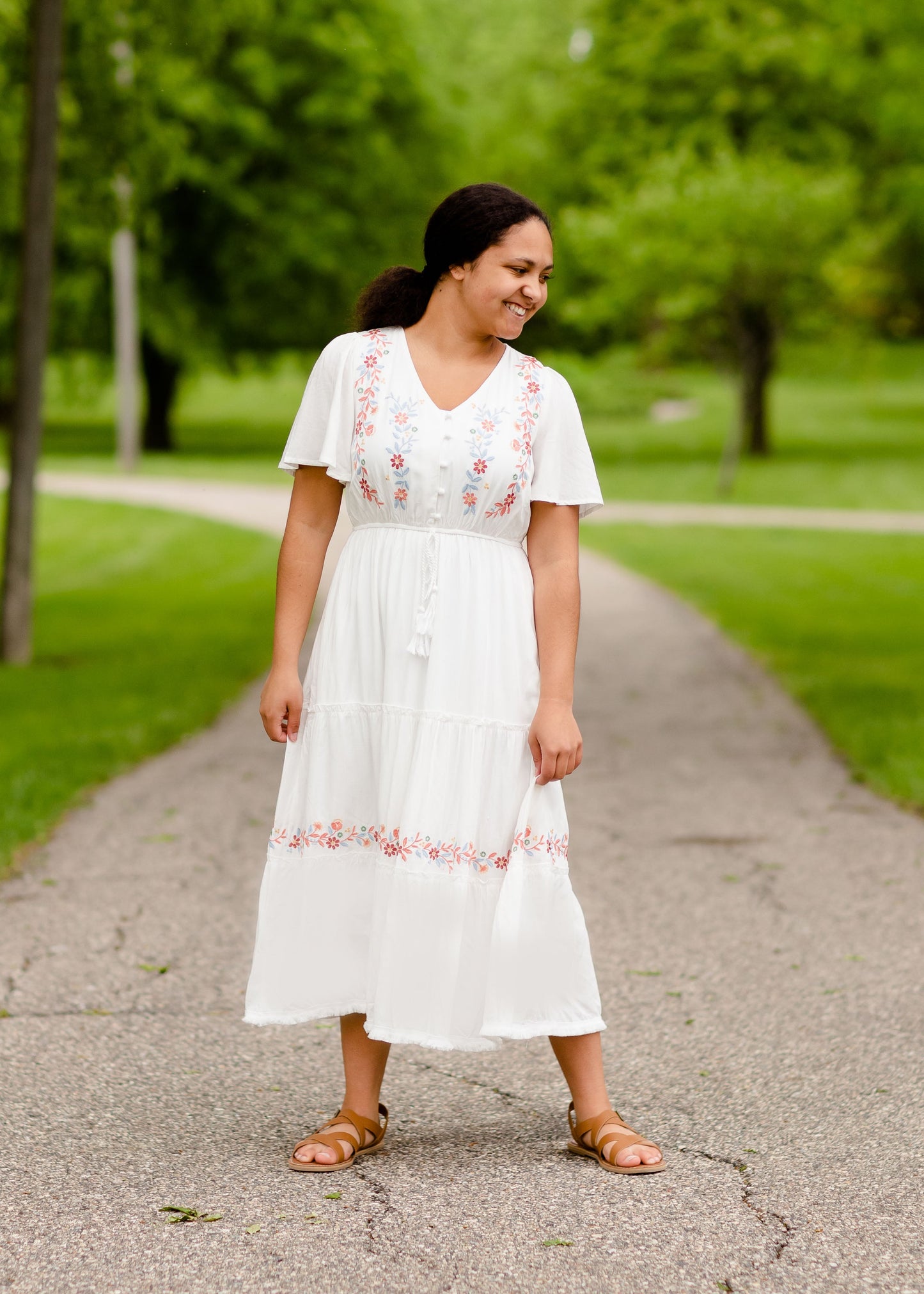 Floral Embroidered V-Neck Midi Dress Dresses