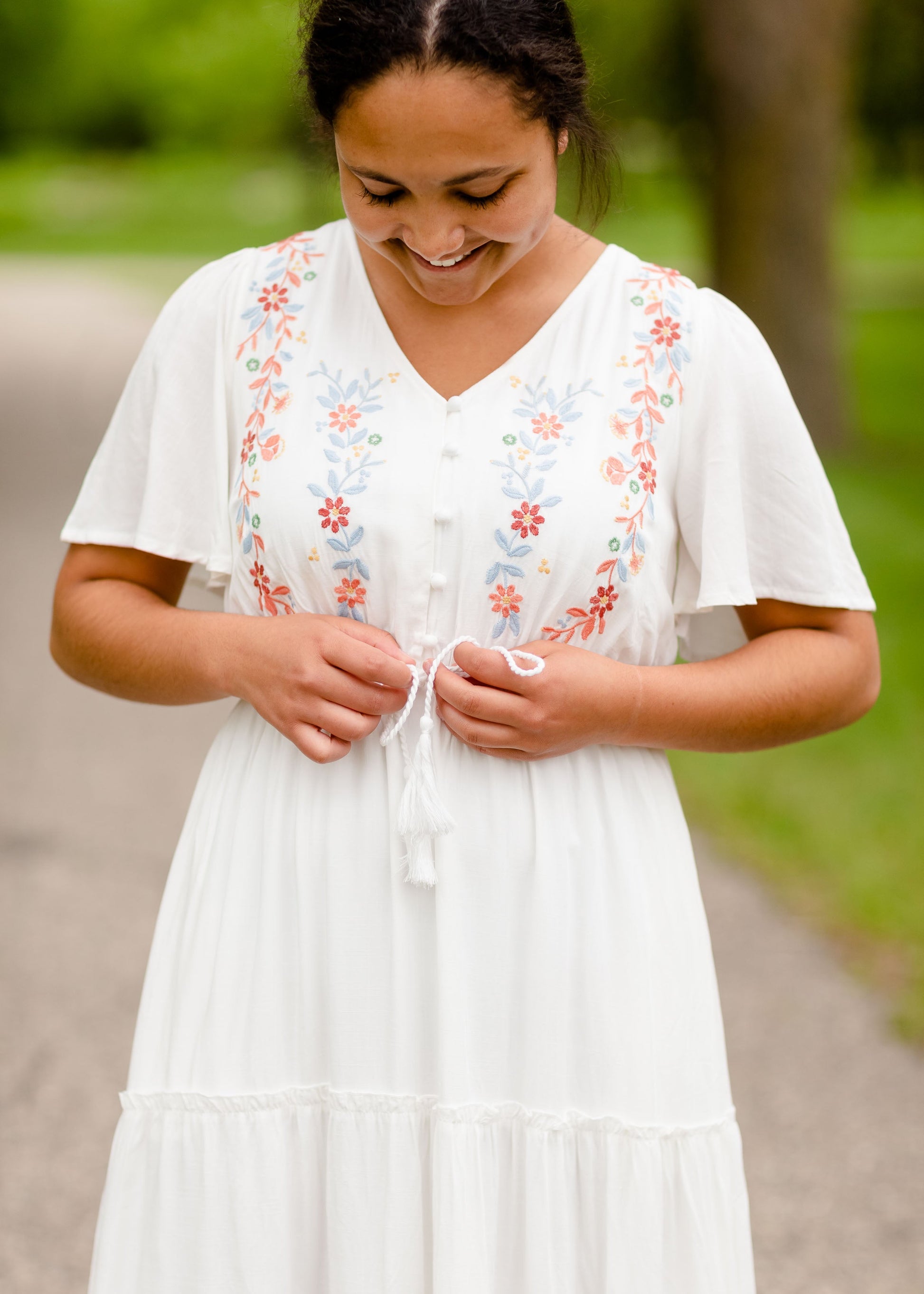 Floral Embroidered V-Neck Midi Dress Dresses