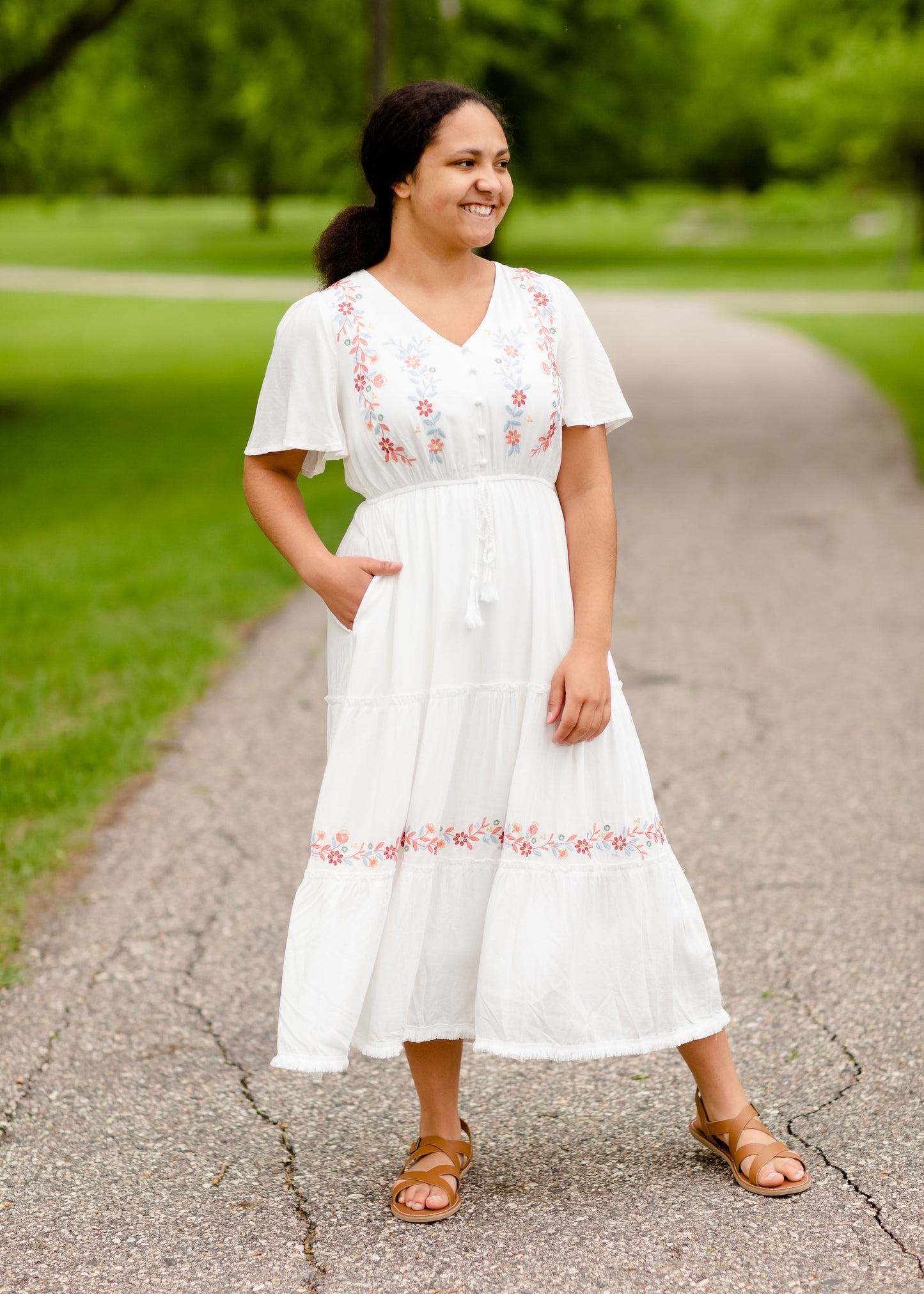 Floral Embroidered V-Neck Midi Dress Dresses