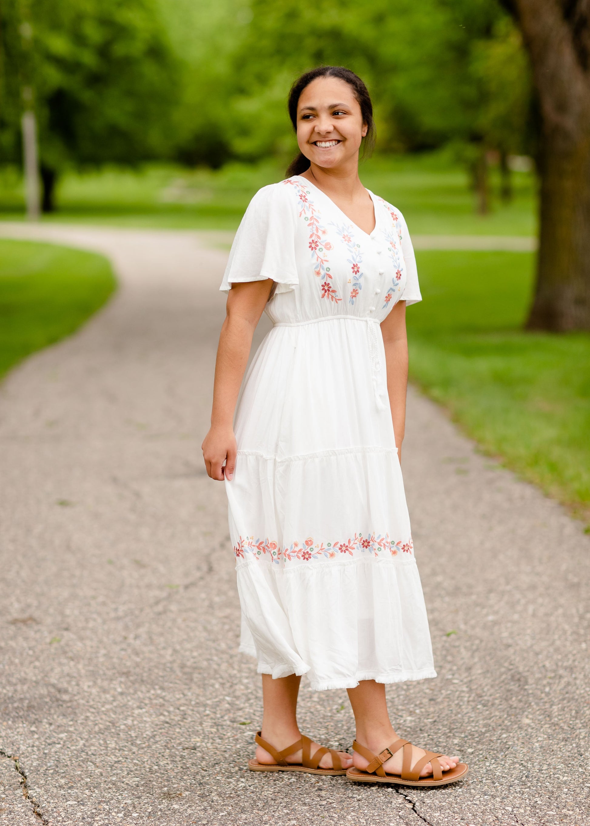 Floral Embroidered V-Neck Midi Dress Dresses