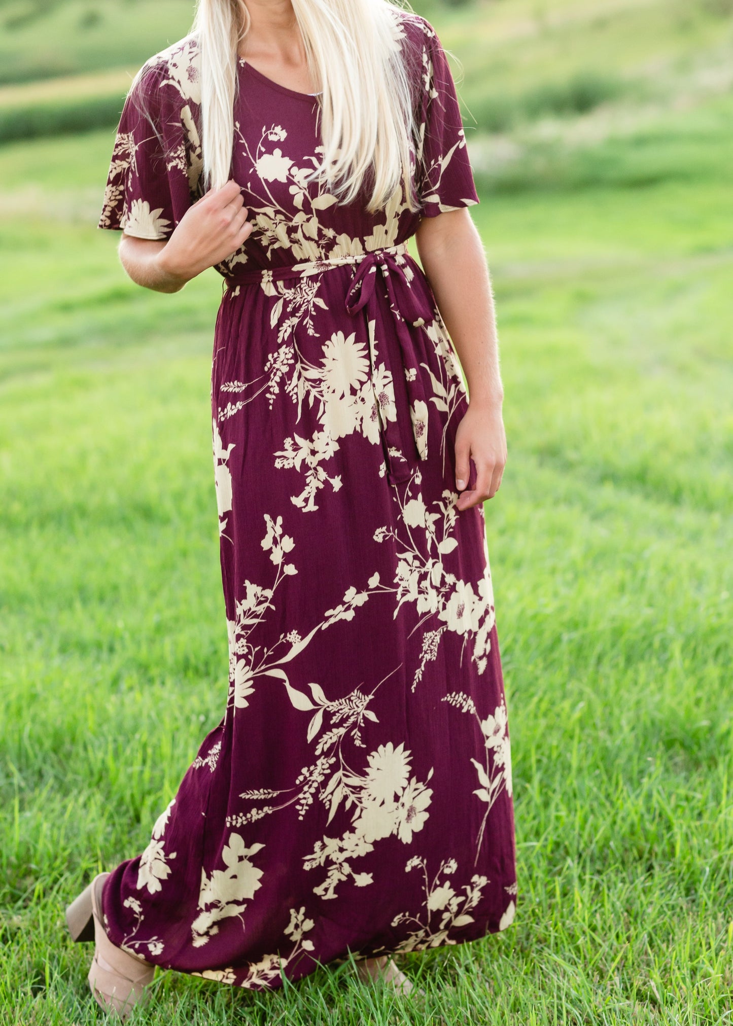 Floral Flutter Sleeve Plum Maxi Dress Dresses